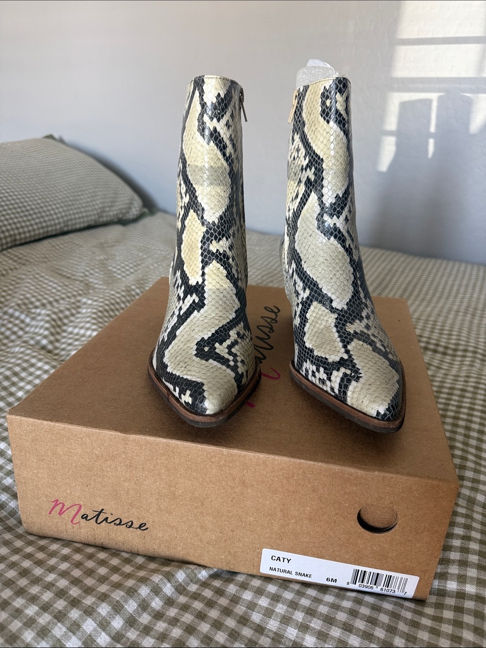 Matisse Cream & Black Snake-Print Pointed Ankle Booties